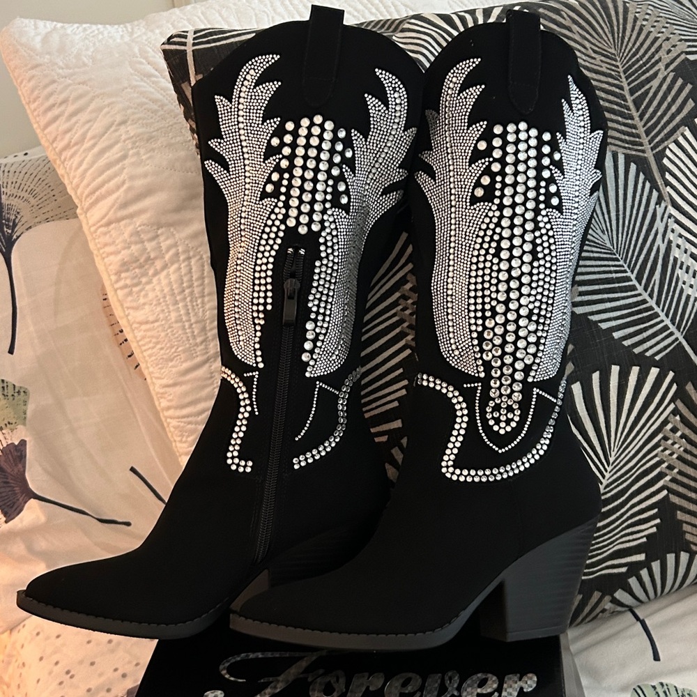 Forever 21 Black Rhinestone Western Mid-Calf Boots - Picture 7 of 7